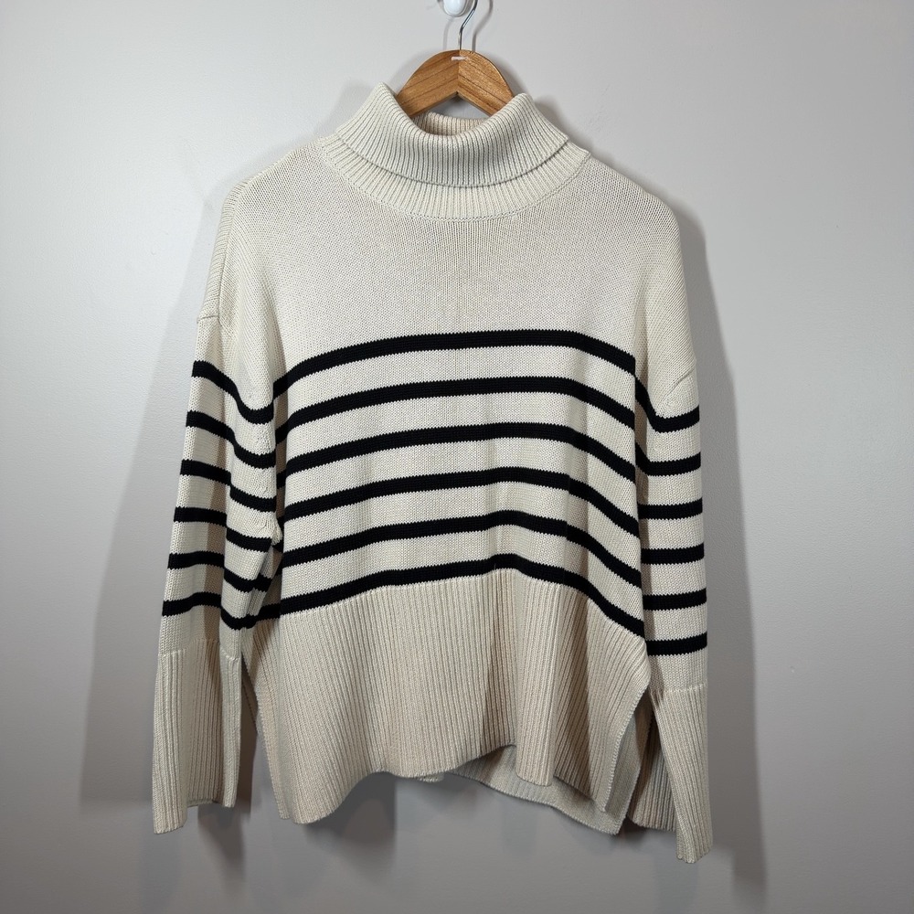 Gap Striped Turtleneck Sweater Cream Black 100% Cotton Split Hem Size M